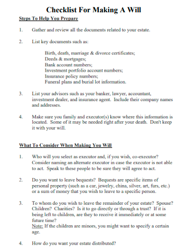 checklist for making a will