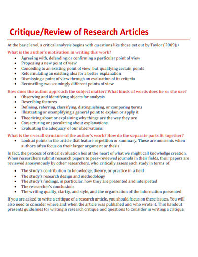 critique and review of research articles