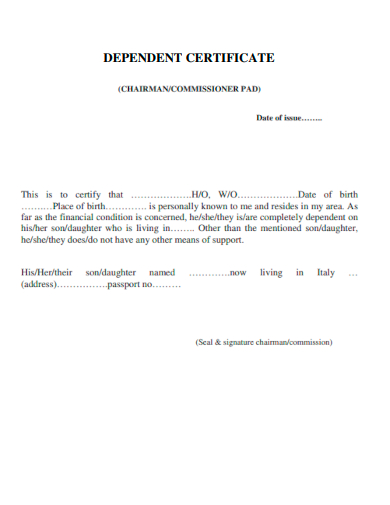 dependent certificate format