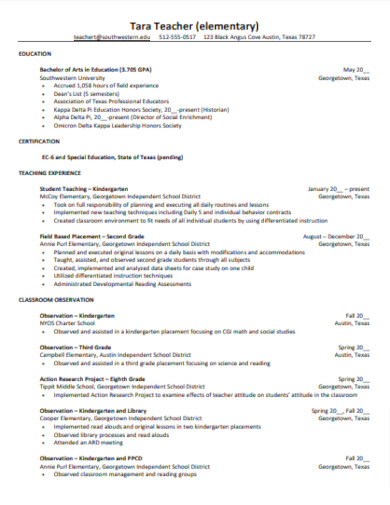 elementary teaching resume