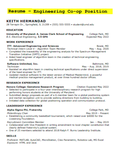 engineering co op position resume