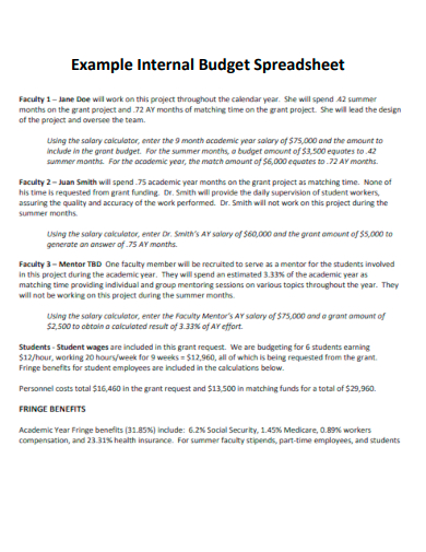 Example Internal Budget Spreadsheet