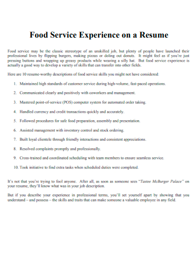 food service experience on a resume resume