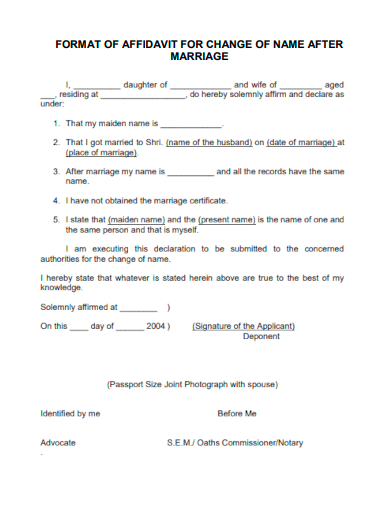 format of affidavit for name change after marriage