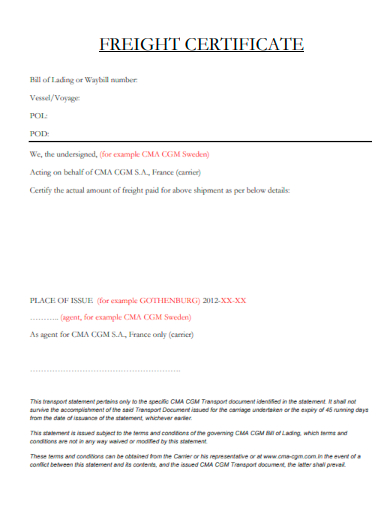 freight certificate format
