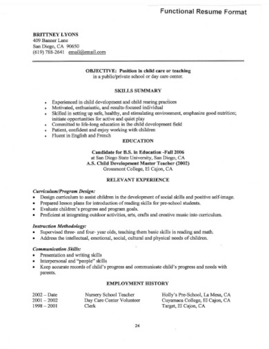 functional resume for child care