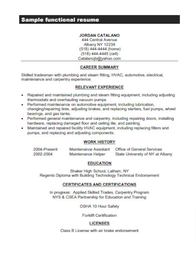 functional resume for maintenance work