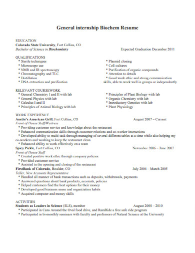 general internship biochem resume