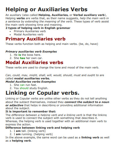 helping or auxiliaries verb