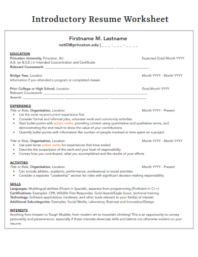 introductory resume worksheet