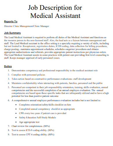 Job Description for Medical Assistant