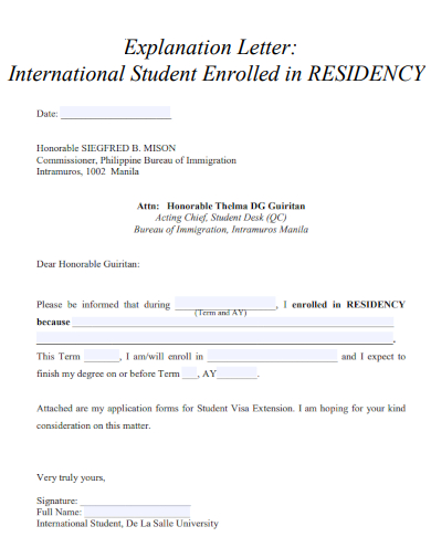 letter of explanation international student enrolled