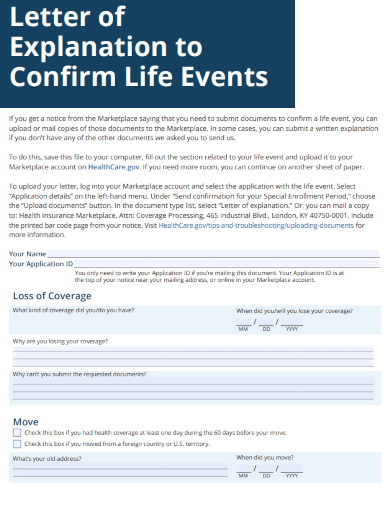 letter of explanation to confirm life events