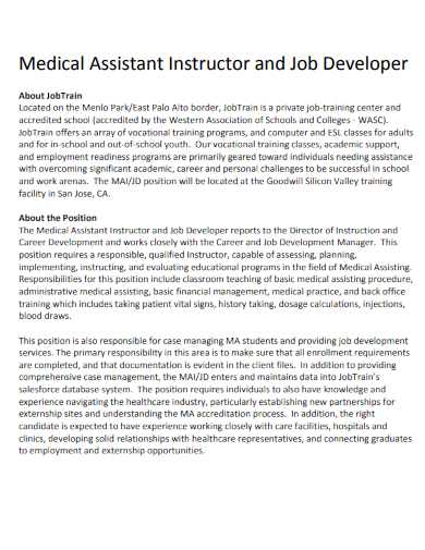 medical assistant instructor and job developer resume