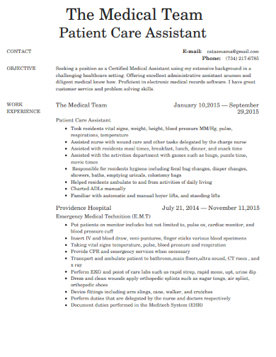 medical team patient care assistant resume