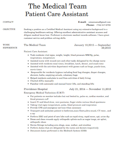 Medical Team Patient Care Assistant Resume