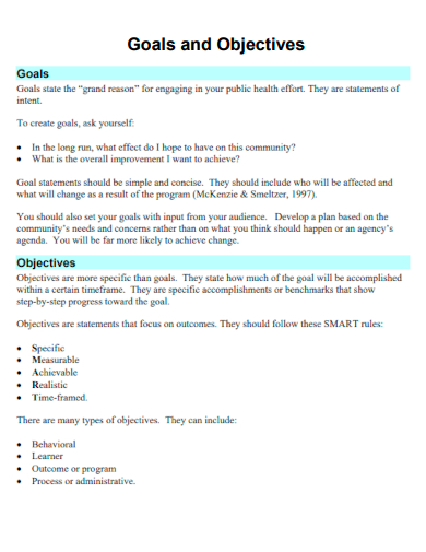 printable goals and objectives