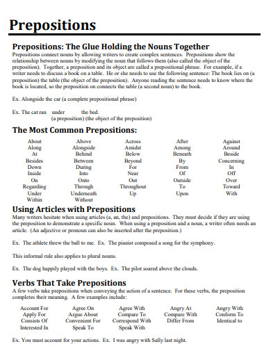 printable preposition definition