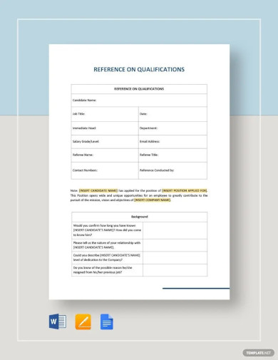 Reference On Qualifications Template