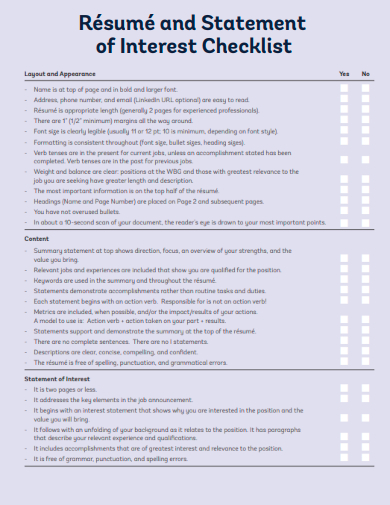 resume statement interest of checklist