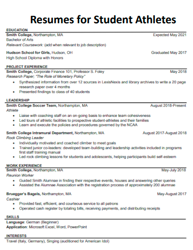 resumes for student athletes