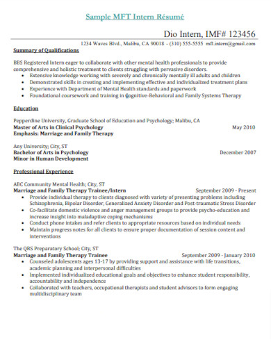 sample mft intern resume