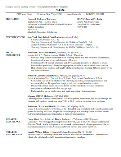 sample student teaching resume