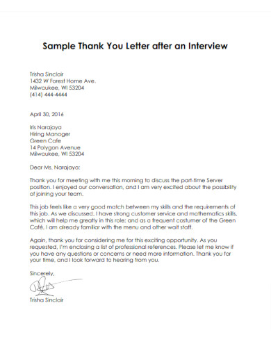 sample thank you letter after an interview