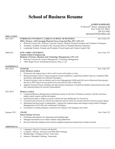 school of business resume