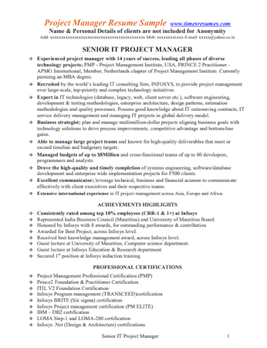 senior it project manager resume sample