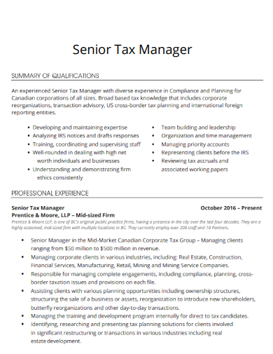 senior tax manager resume