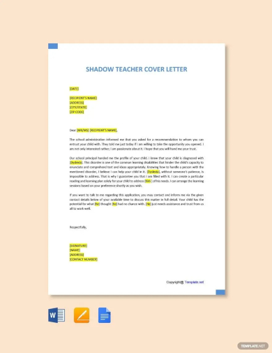 shadow teacher cover letter