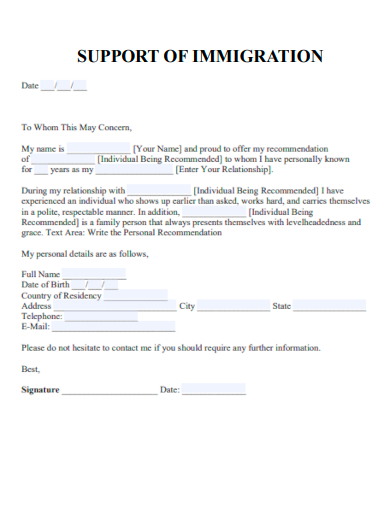 support of immigration character letter