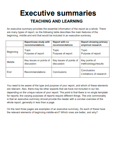 teaching learning executive summary format