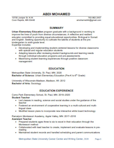 urban elementary education teaching resume