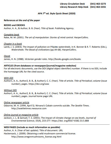 APA 7 Reference Page Quick Sheet