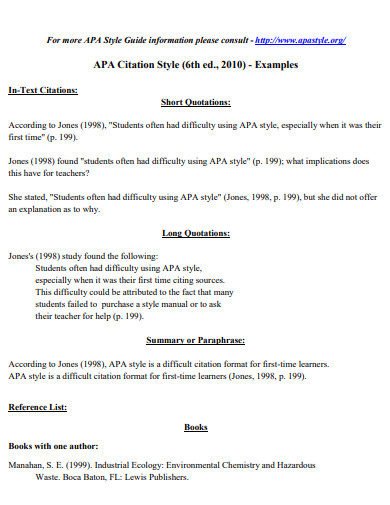 APA Style Citation 26 Examples PDF   APA Style Citation Summary 