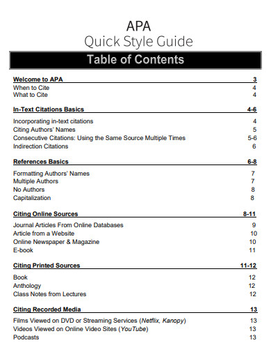 apa style citation table of content