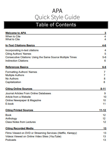 APA Style Citation Table of Content