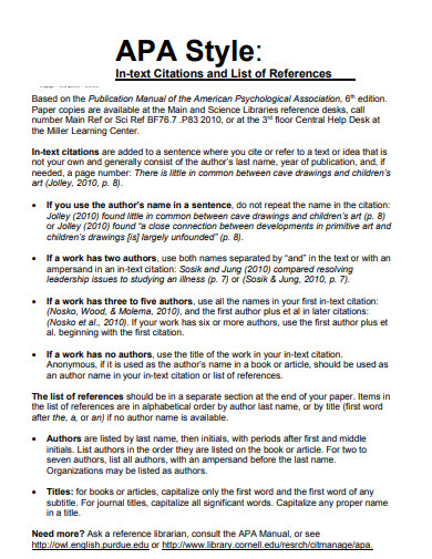 APA Style In text Citations and List of References