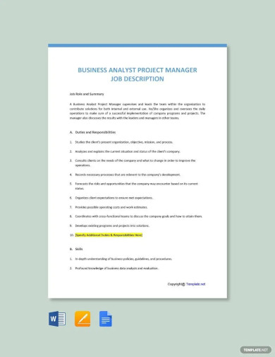 business analyst project manager job ad description template