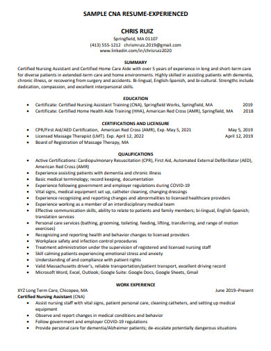 cna resume experienced
