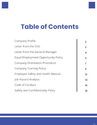 Employee Handbook Table Of Contents Template