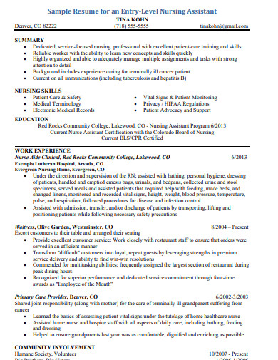 entry level nursing assistant resume