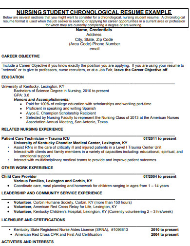 first undergraduate nursing student resume