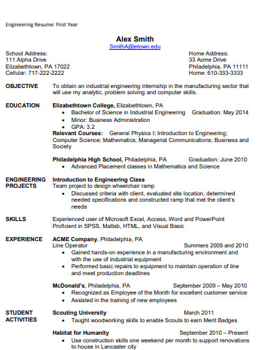 first year engineering student resume with work experience
