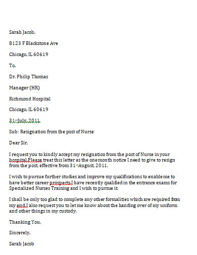 free nurse resignation letter