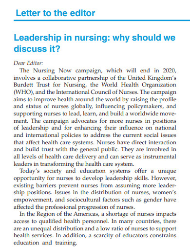 letter to the editor leadership in nursing