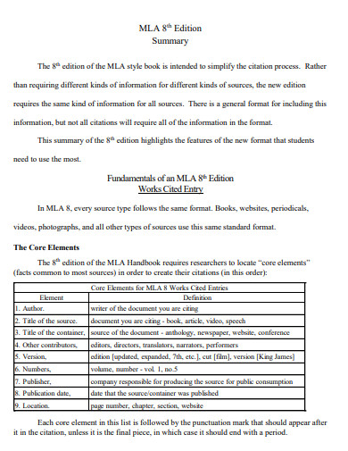 MLA 8 Edition Summary