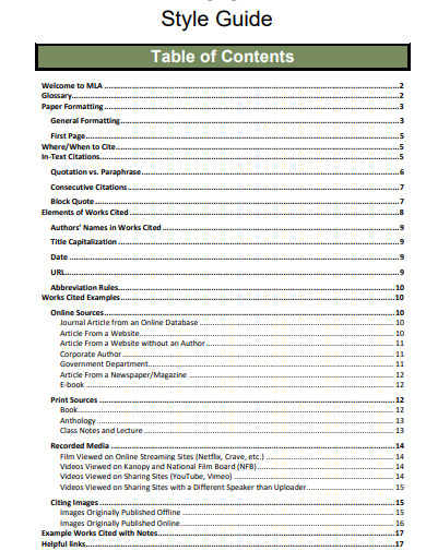 mla style table of contents